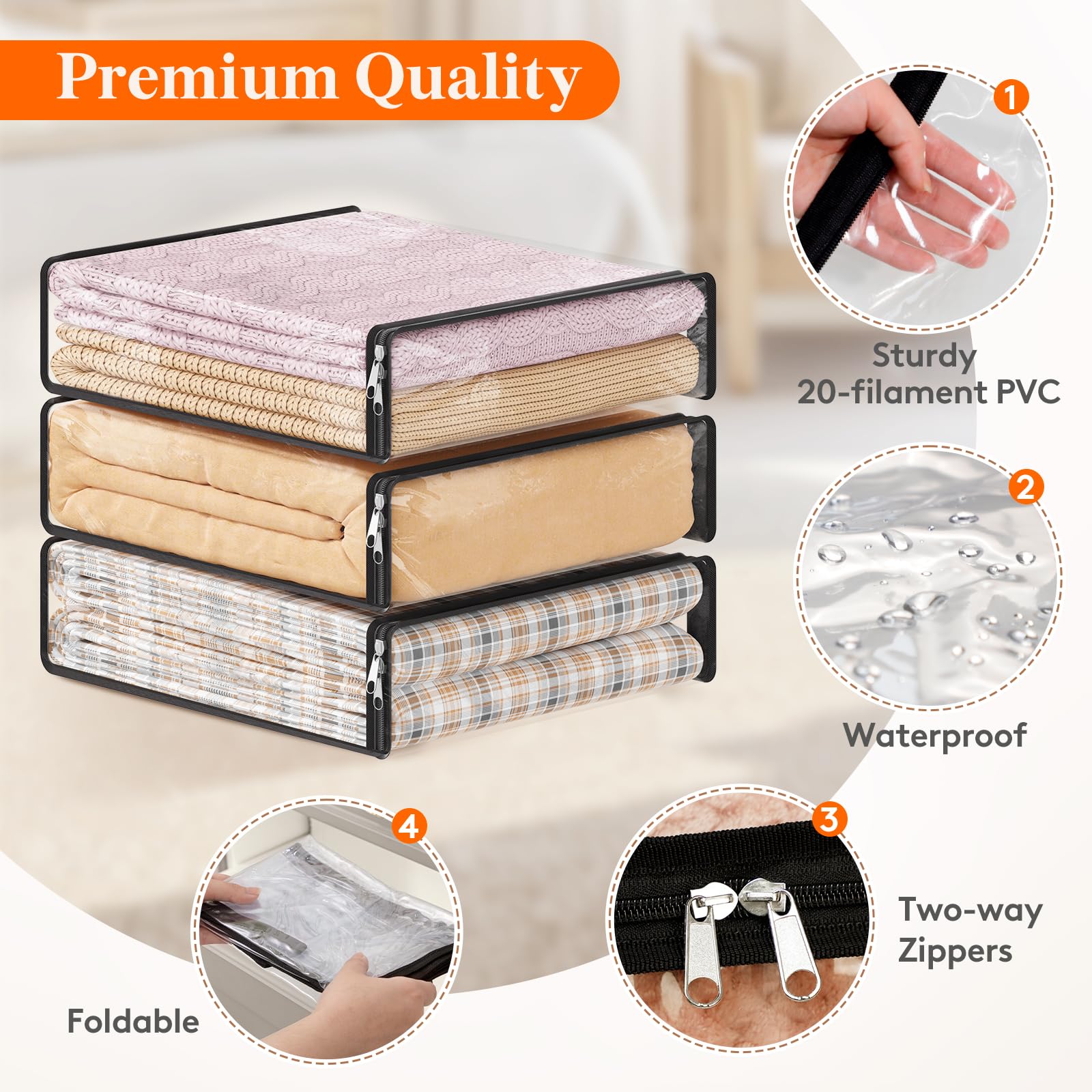 Lifewit 14L Clear Sheet Storage Bags with Zipper 4 Pack, Plastic Sweater Storage Bins for Clothing, Vinyl Foldable Clothes Conta